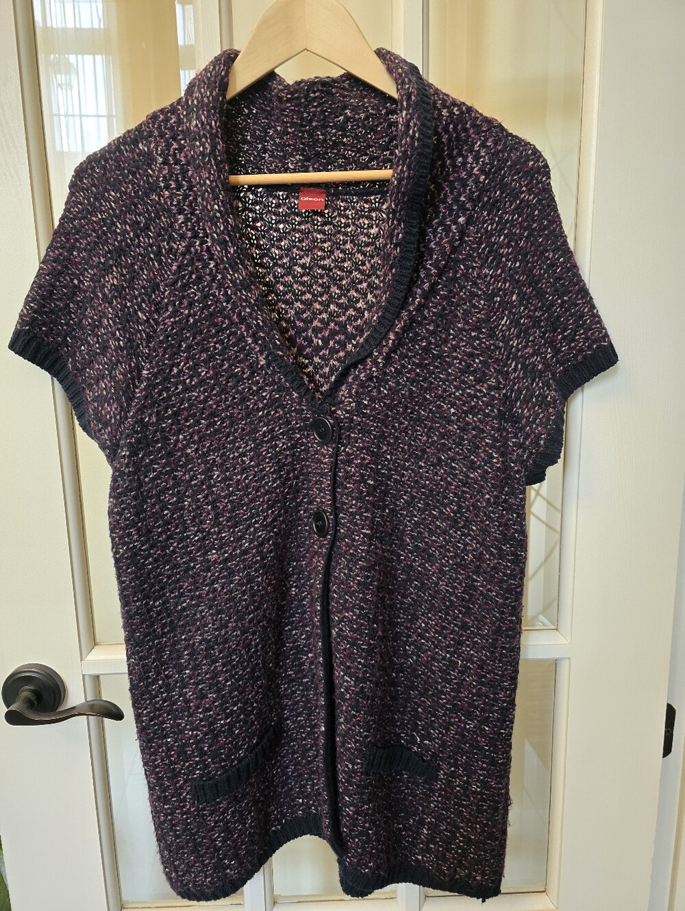 Olsen Long Cardigan US 12 Navy Purple Marl Knit Shawl Collar Short Sleeve